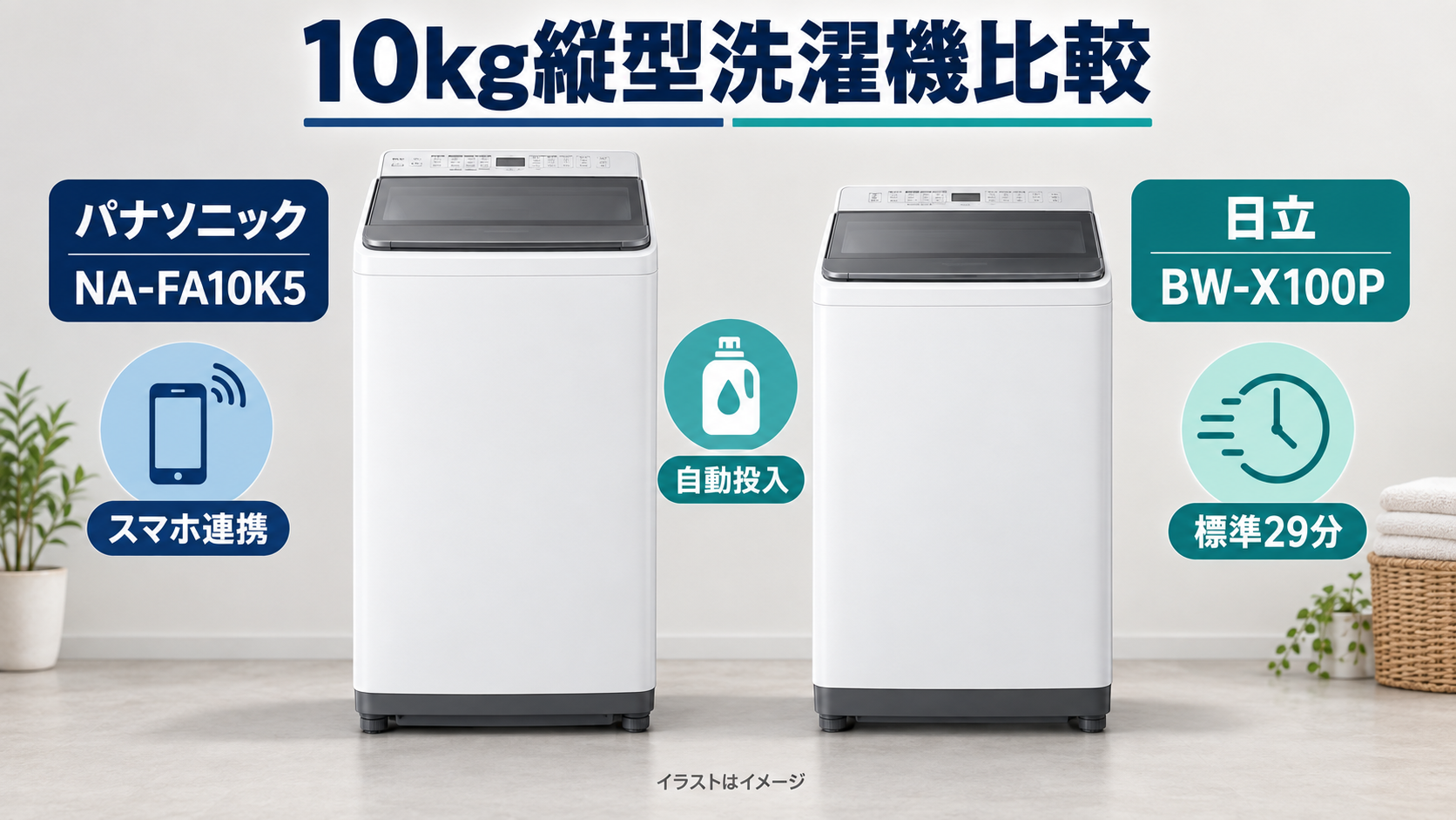 パナソニックNA-FA10K5と日立BW-X100Pの10kg縦型洗濯機比較