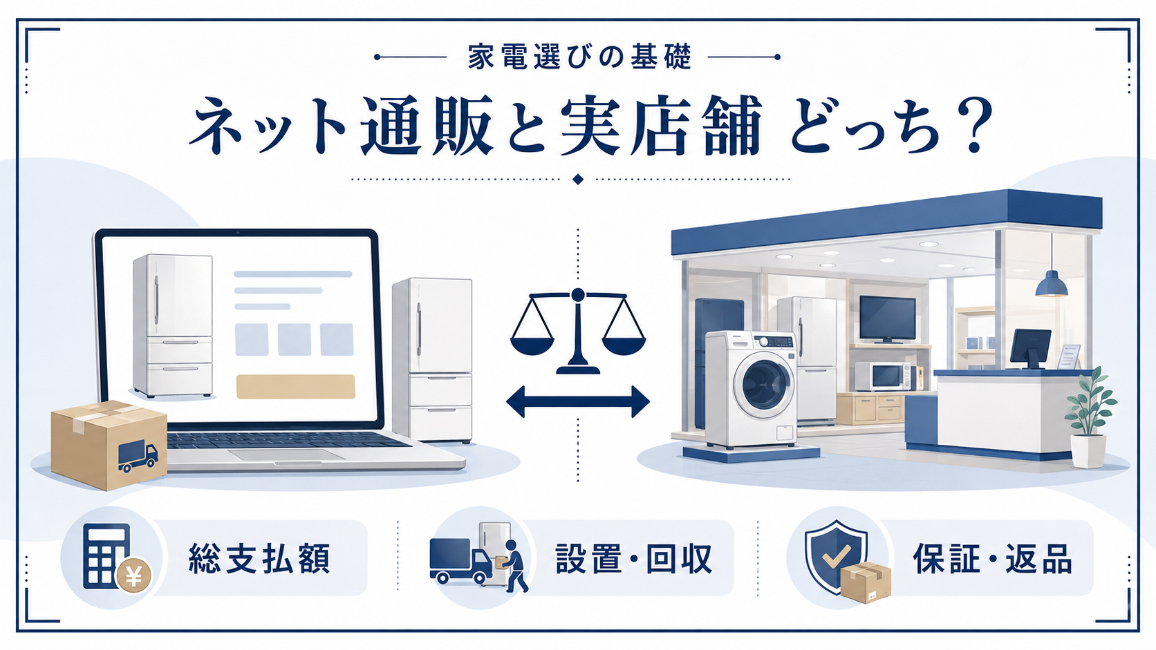 ネット通販と実店舗で家電を買う際の総支払額・設置回収・保証返品を比較したイラスト