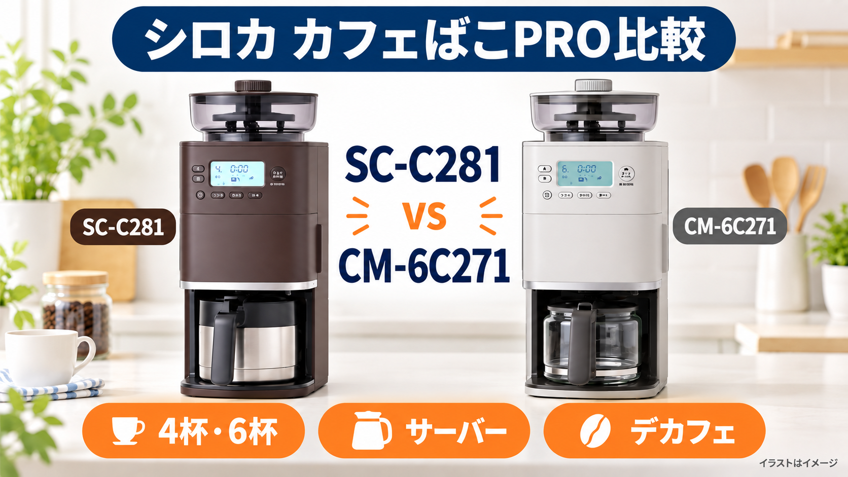シロカ カフェばこPRO SC-C281とCM-6C271の4杯・6杯、サーバー、デカフェを比較したイラスト