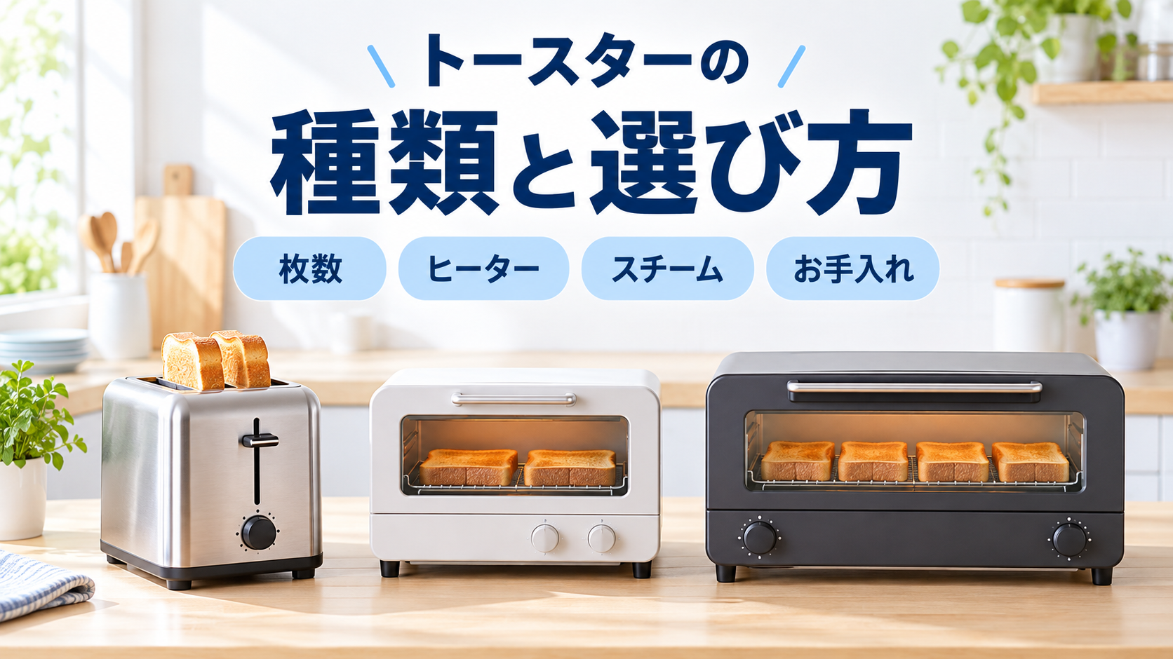 トースターの種類と選び方を示すオーブントースターとポップアップトースターのイメージ