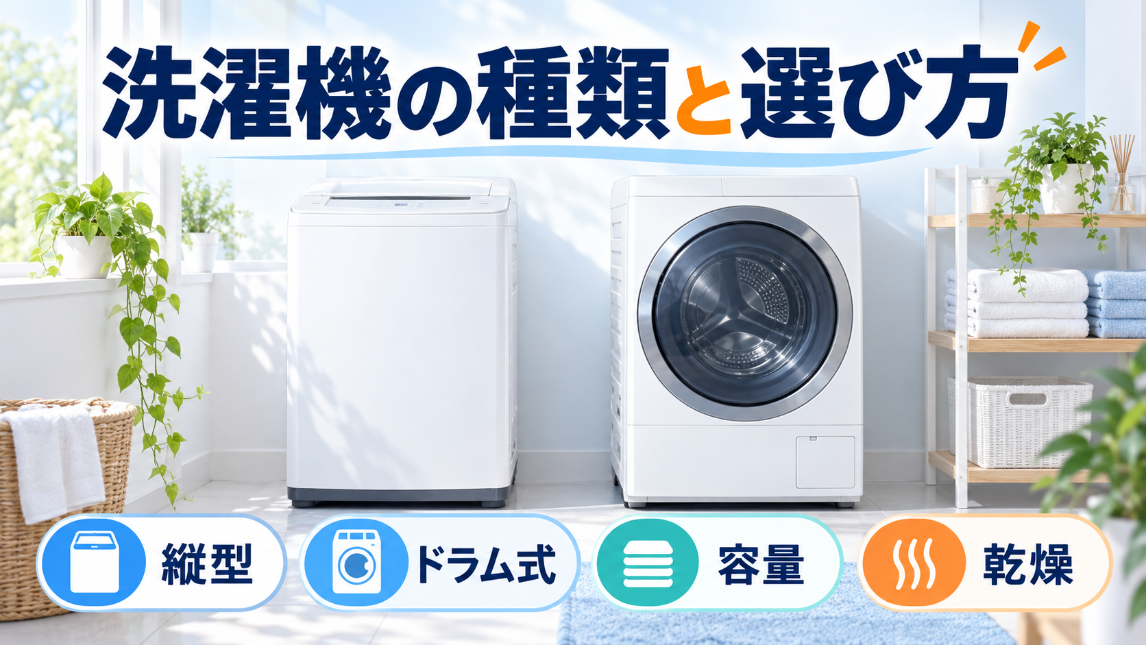 縦型・ドラム式・容量・乾燥から洗濯機の種類と選び方を解説するイラスト
