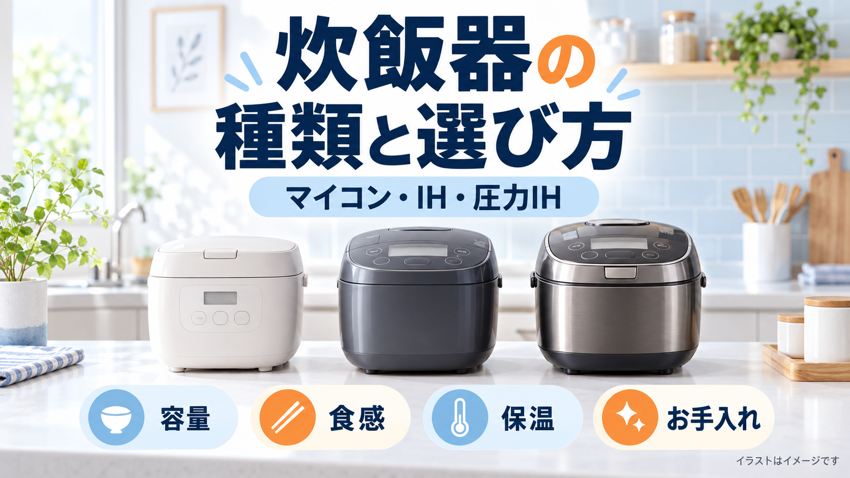 炊飯器の種類と選び方を示すマイコン・IH・圧力IH炊飯器のイメージ