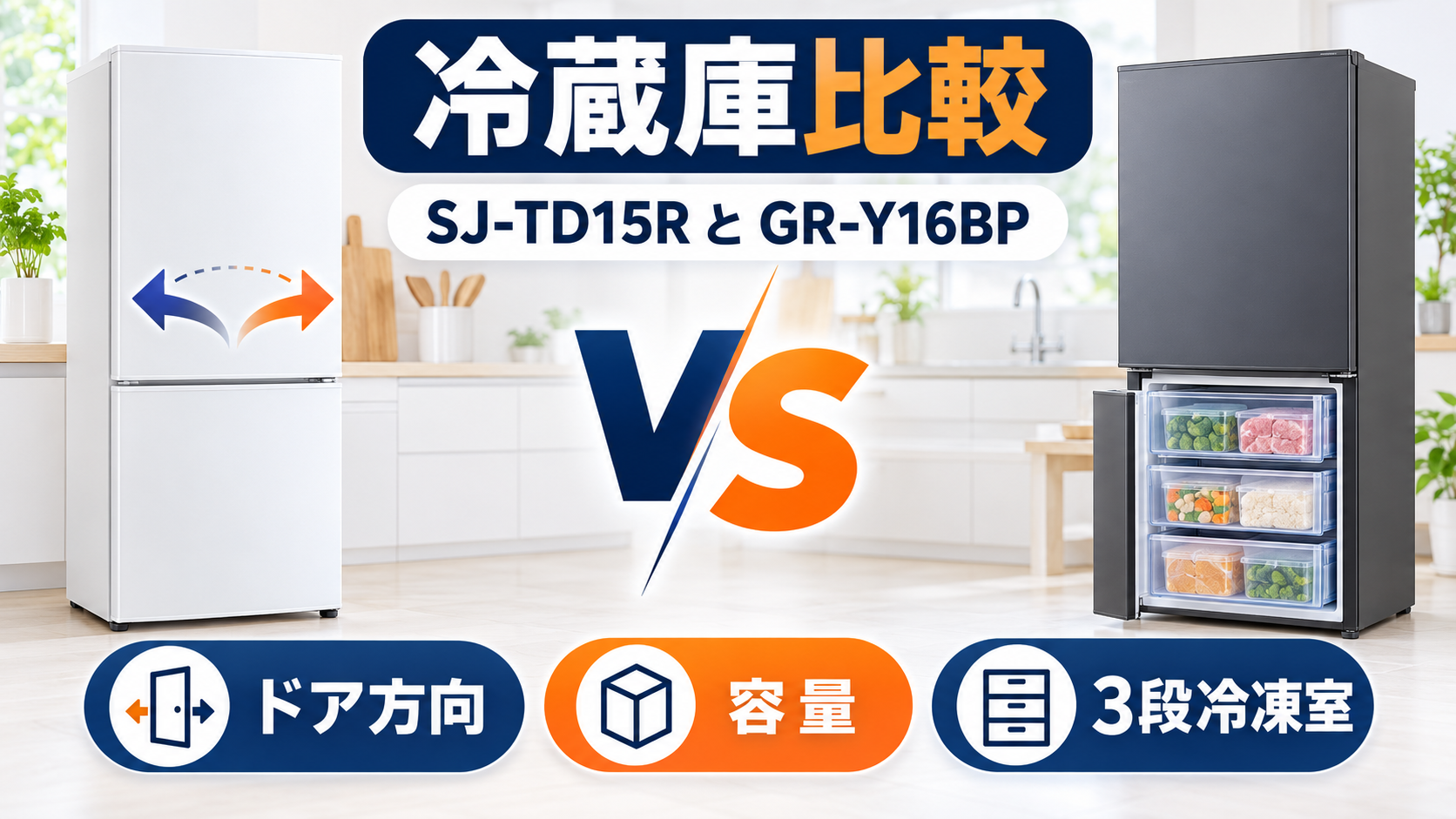 シャープSJ-TD15Rと東芝GR-Y16BPのドア方向・容量・3段冷凍室を比較