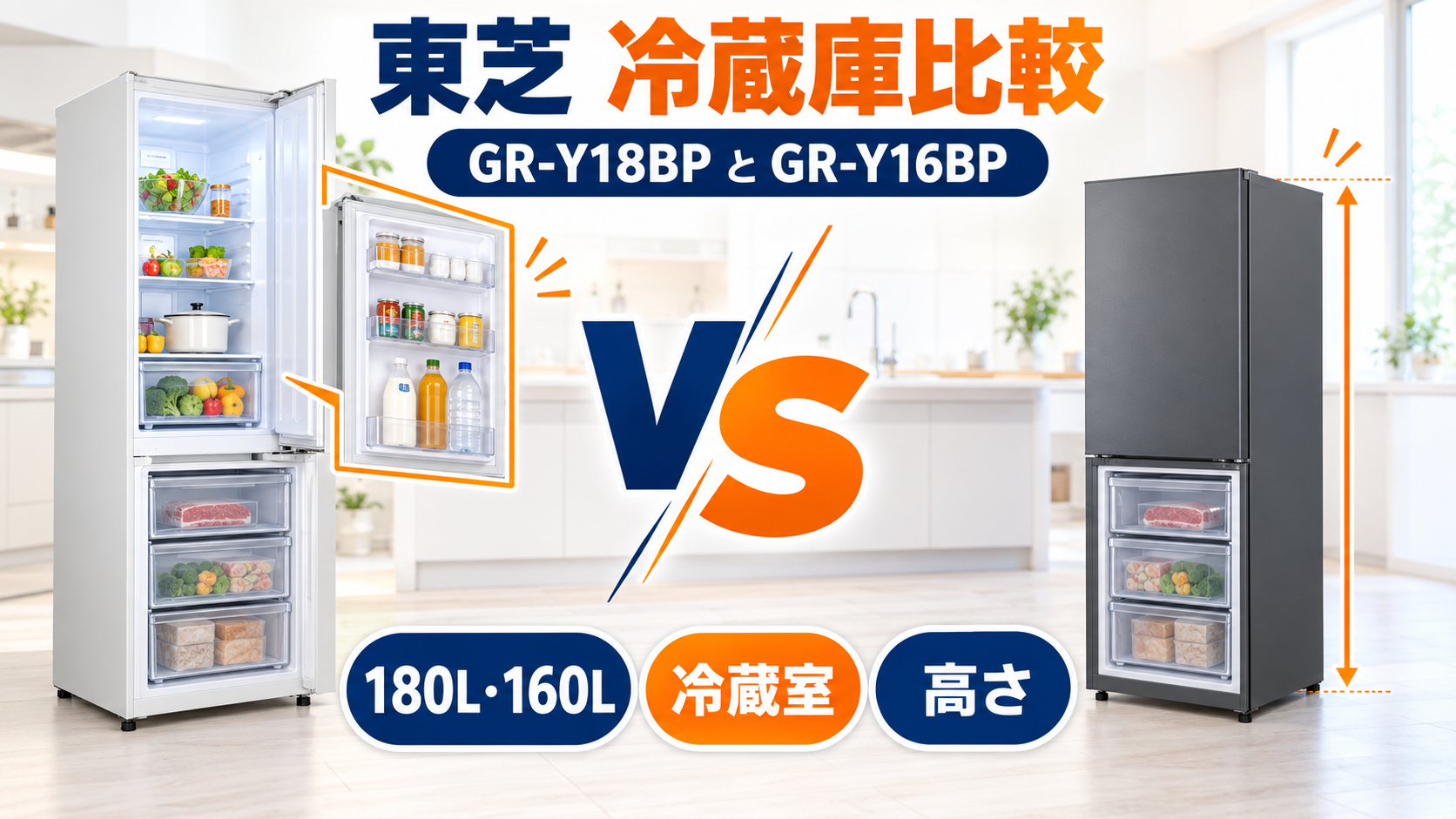 東芝GR-Y18BPとGR-Y16BPの容量・高さ・冷蔵室を比較