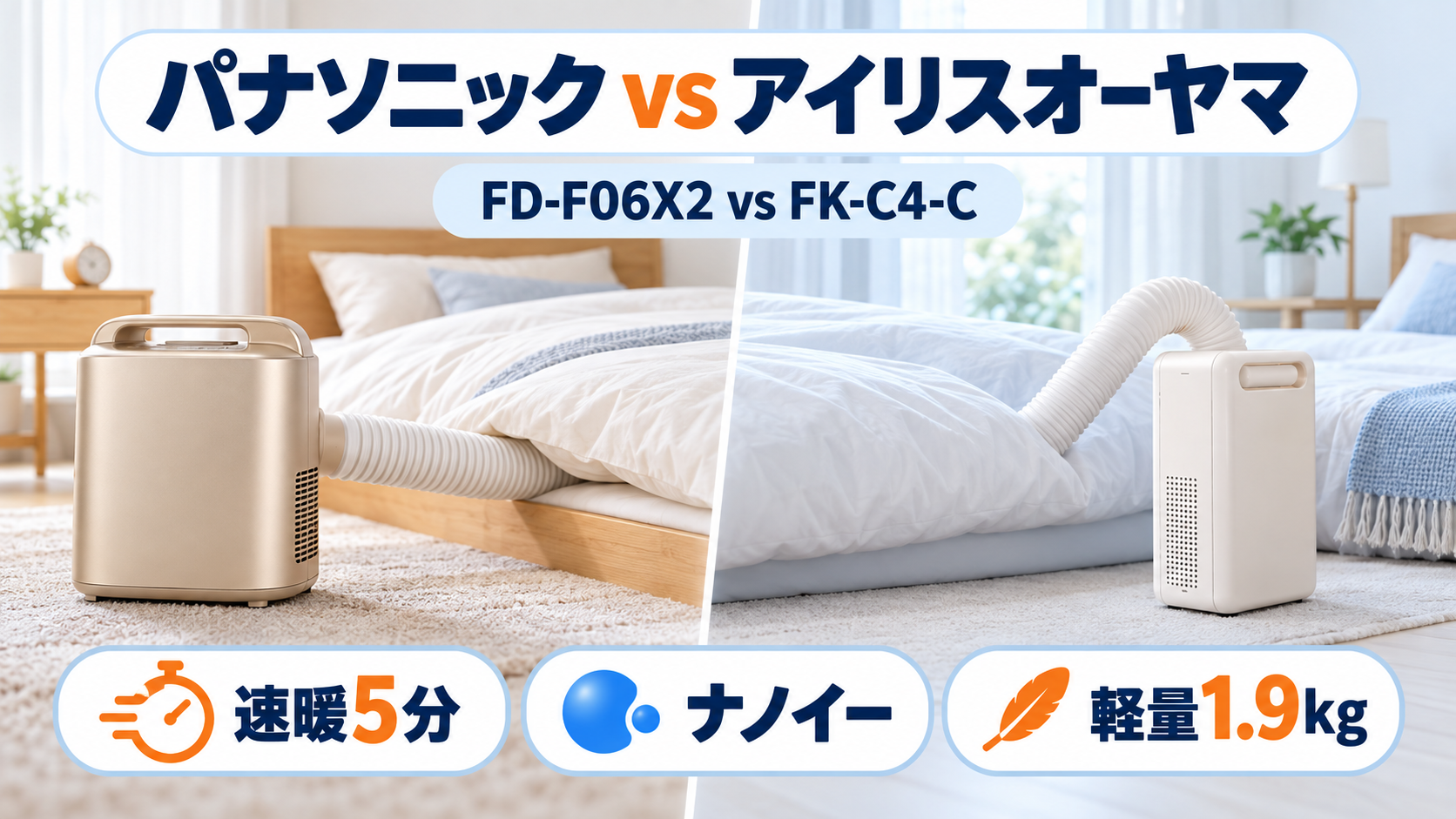 パナソニックFD-F06X2とアイリスオーヤマFK-C4-Cの速暖・脱臭・軽さ比較