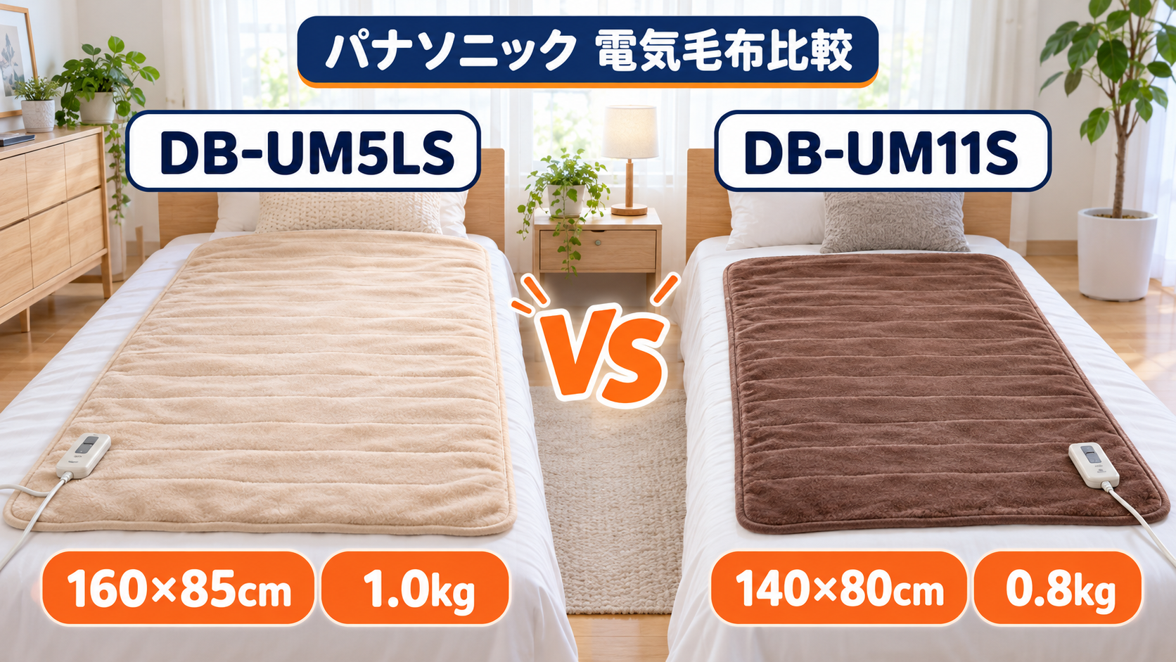 パナソニックの電気しき毛布DB-UM5LSとDB-UM11Sのサイズ・重さ比較