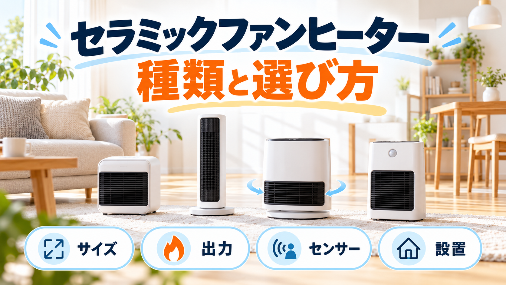 セラミックファンヒーターのサイズ・出力・センサー・設置を確認する種類と選び方の図解