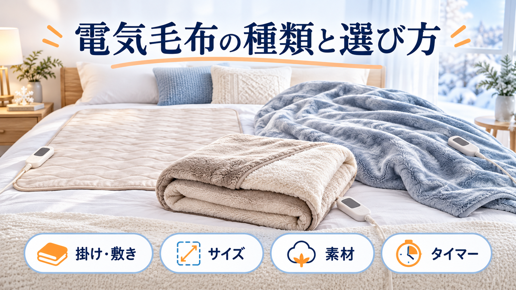 電気毛布の掛け・敷き・掛け敷き兼用とサイズ・素材・タイマーを解説する種類と選び方の図解