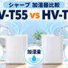 シャープ HV-T55とHV-T75の加湿器比較。15畳・21畳、加湿量、電気代の違いを示す図解