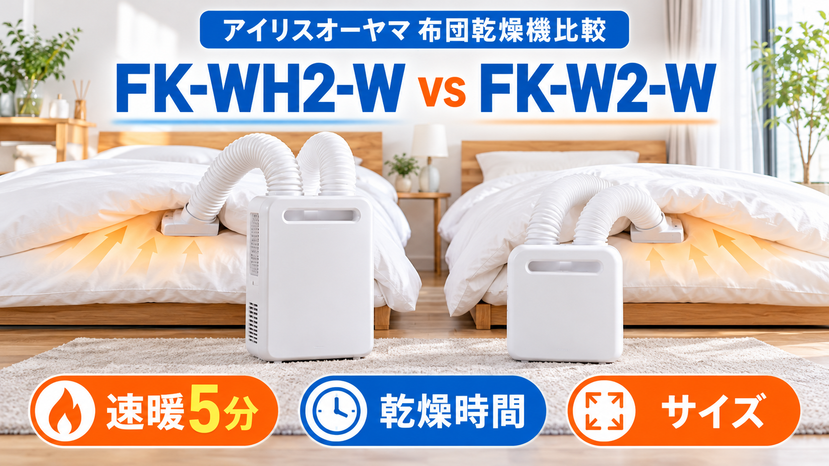 アイリスオーヤマの布団乾燥機FK-WH2-WとFK-W2-Wの速暖・乾燥時間・サイズ比較