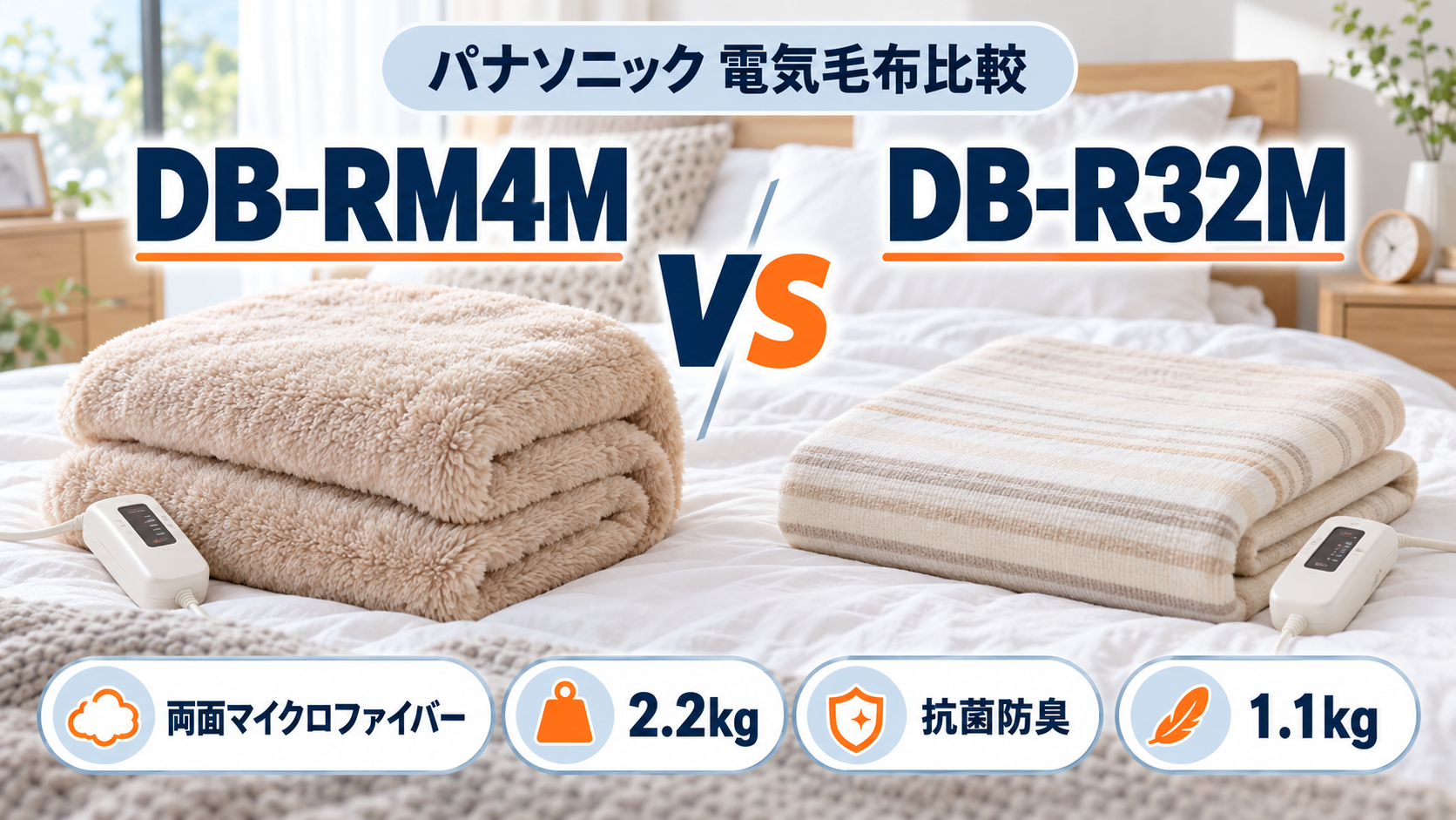 パナソニックの電気かけしき毛布DB-RM4MとDB-R32Mを肌触り・重さ・抗菌防臭で比較