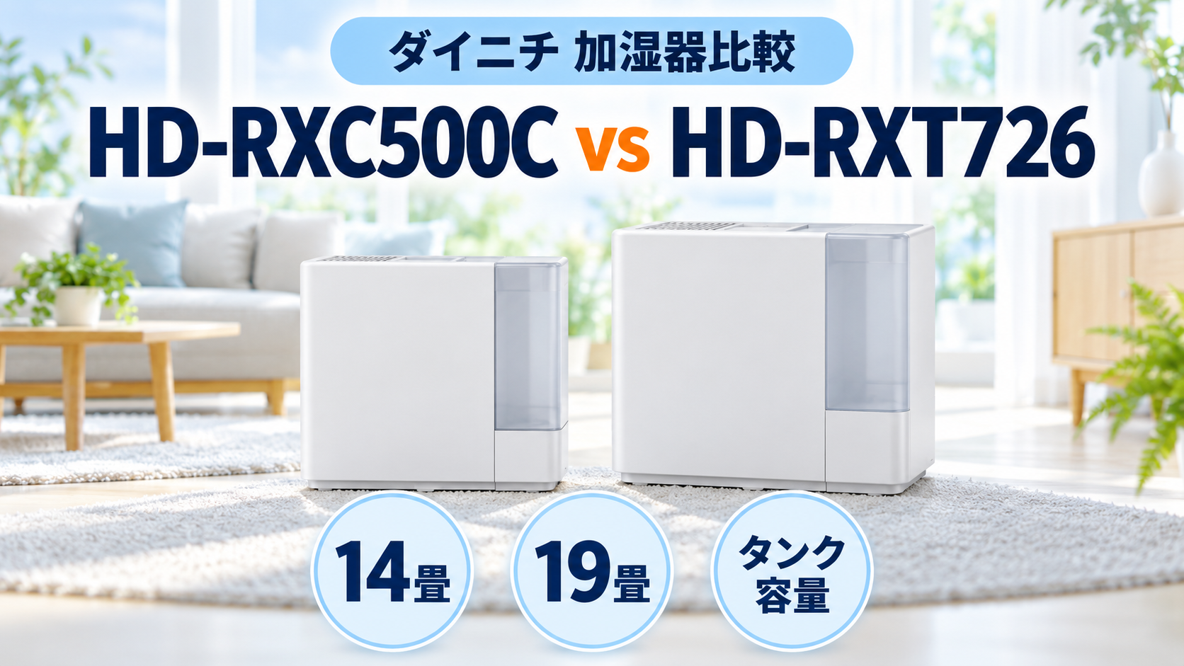 ダイニチ HD-RXC500CとHD-RXT726の加湿器比較。14畳・19畳、タンク容量、加湿量の違いを示す図解