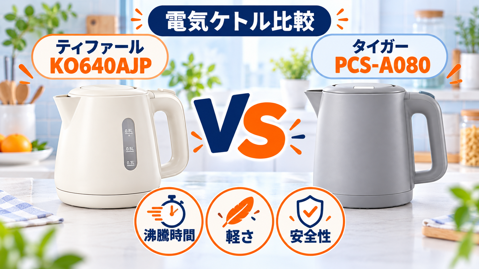 ティファールKO640AJPとタイガーPCS-A080の沸騰時間・軽さ・安全性の比較