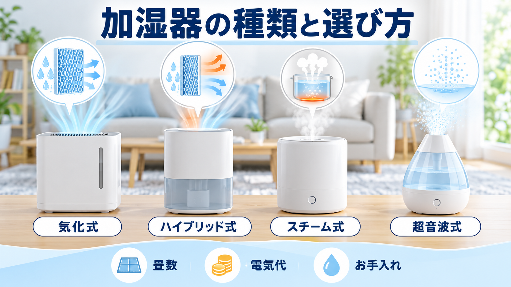 加湿器の気化式・ハイブリッド式・スチーム式・超音波式と畳数・電気代・お手入れの選び方を示す図解