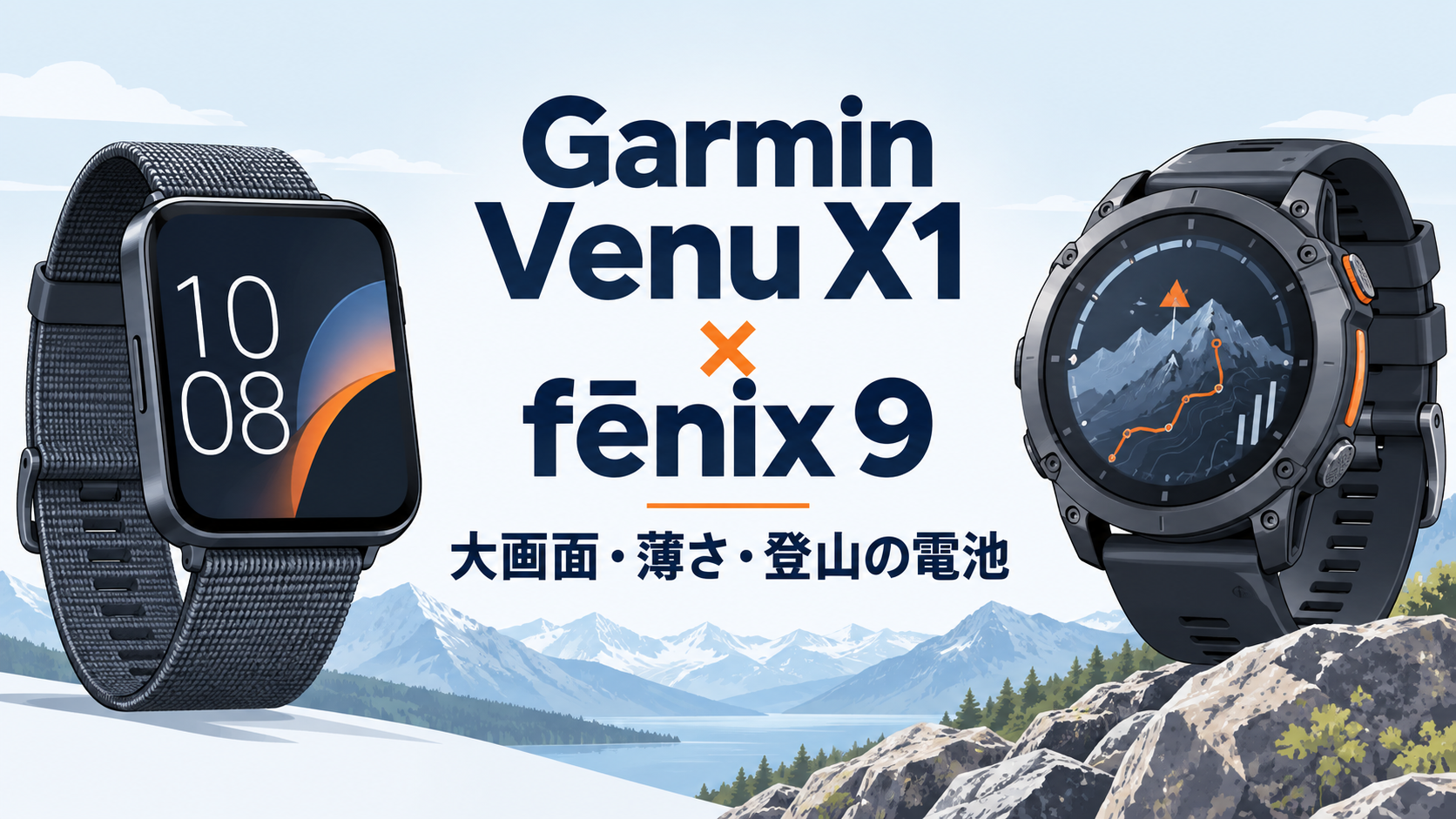 Garmin Venu X1とfēnix 9のスマートウォッチ比較イラスト